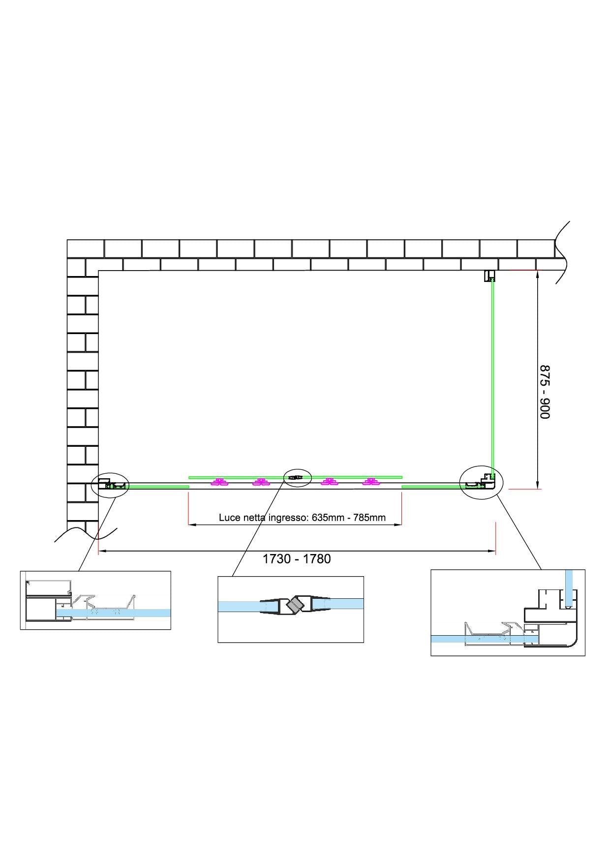 Box doccia 6 mm H 190 parete fissa e porta a 4 ante con apertura centrale MISURA 87,5-90 ANTA FISSA + PORTA 173-178 