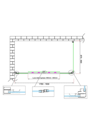 Box doccia 6 mm H 190 parete fissa e porta a 4 ante con apertura centrale MISURA 87,5-90 ANTA FISSA + PORTA 178-183 