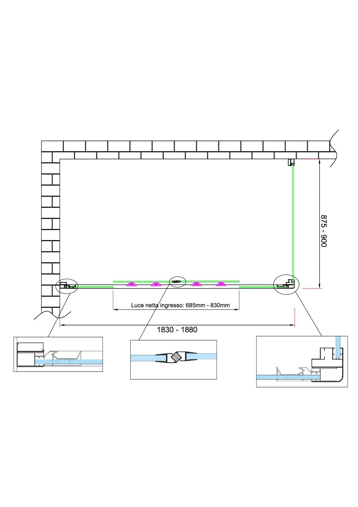 Box doccia 6 mm H 190 parete fissa e porta a 4 ante con apertura centrale MISURA 87,5-90 ANTA FISSA + PORTA 183-188 