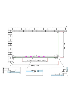 Box doccia 6 mm H 190 parete fissa e porta a 4 ante con apertura centrale MISURA 87,5-90 ANTA FISSA + PORTA 183-188 