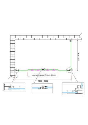 Box doccia 6 mm H 190 parete fissa e porta a 4 ante con apertura centrale MISURA 87,5-90 ANTA FISSA + PORTA 188-193 