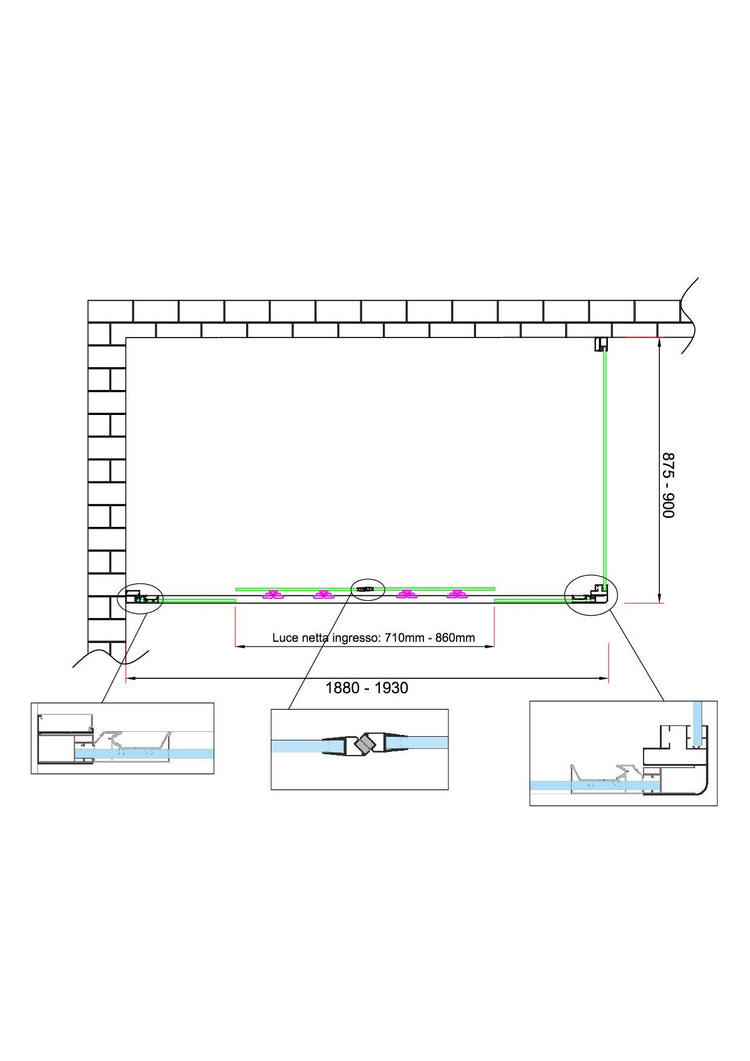 Box doccia 6 mm H 190 parete fissa e porta a 4 ante con apertura centrale MISURA 87,5-90 ANTA FISSA + PORTA 188-193 