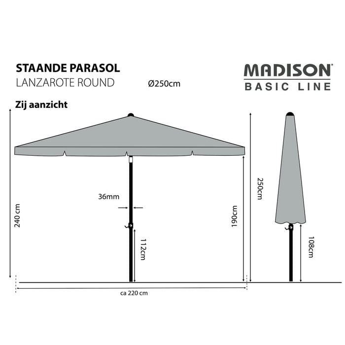 Madison Ombrellone Lanzarote 250 cm Rotondo Grigio Talpa