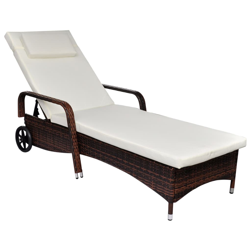 Lettino Prendisole con Cuscino e Ruote in Polyrattan Marrone cod mxl 18463