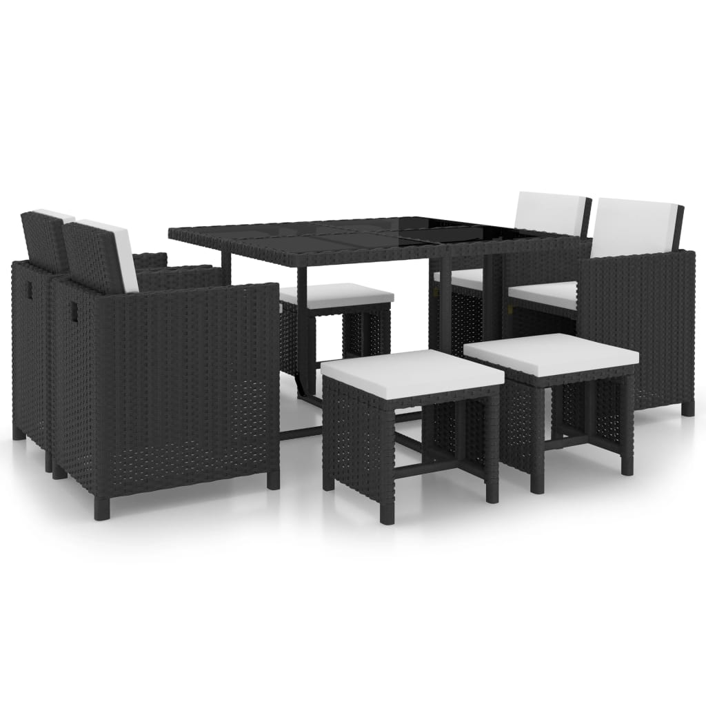 Set da Pranzo da Giardino 9 pz con Cuscini in Polyrattan Nero  cod mxl 32918