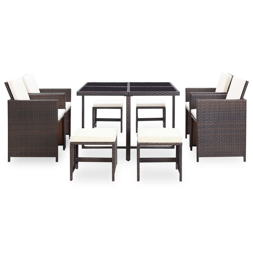 Set da Pranzo da Giardino 9 pz con Cuscini Polyrattan Marrone cod mxl 35558