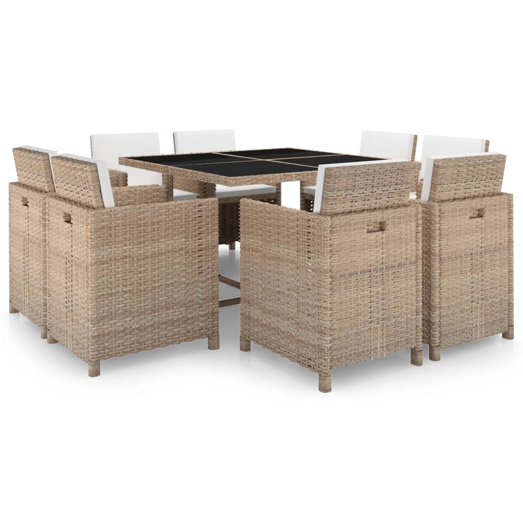 Set da Pranzo da Giardino 9 pz con Cuscini in Polyrattan Beige cod mxl 30048