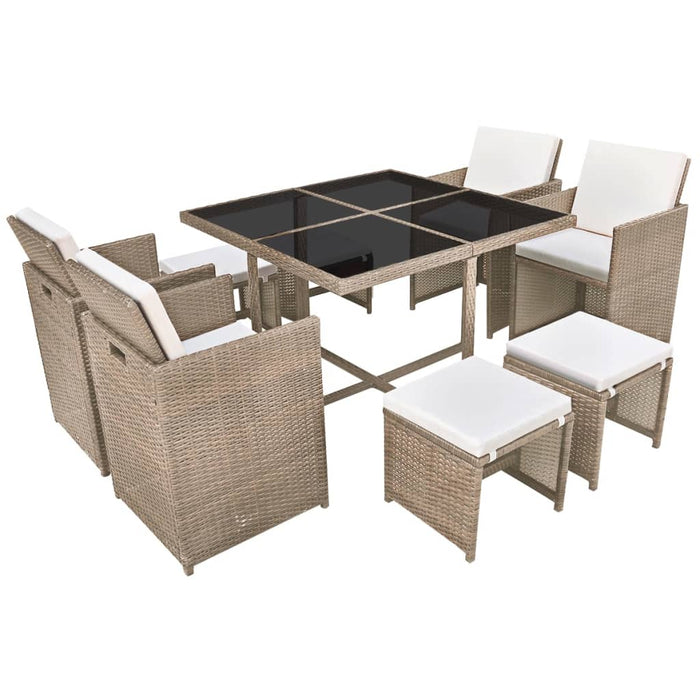 Set da Pranzo da Giardino 9 pz con Cuscini in Polyrattan Beige cod mxl 35052