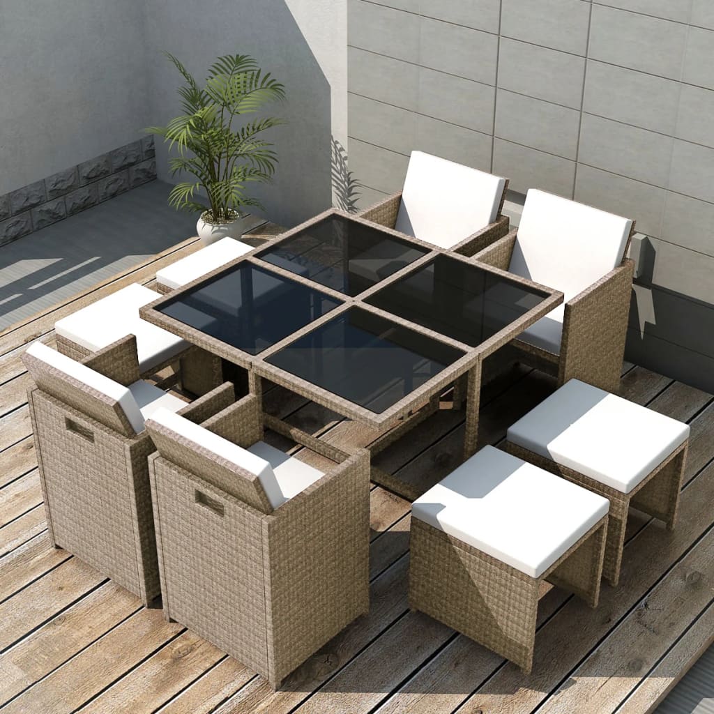 Set da Pranzo da Giardino 9 pz con Cuscini in Polyrattan Beige cod mxl 35052