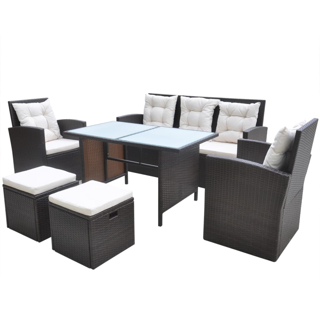 Set da Pranzo da Giardino 6 pz con Cuscini Polyrattan Marrone