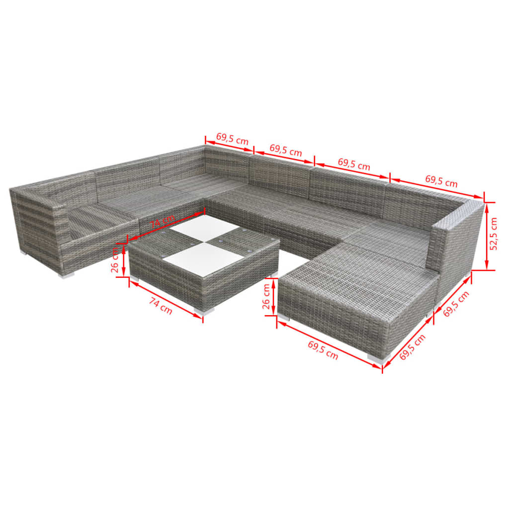 Set Divani da Giardino 8 pz con Cuscini in Polyrattan Grigio