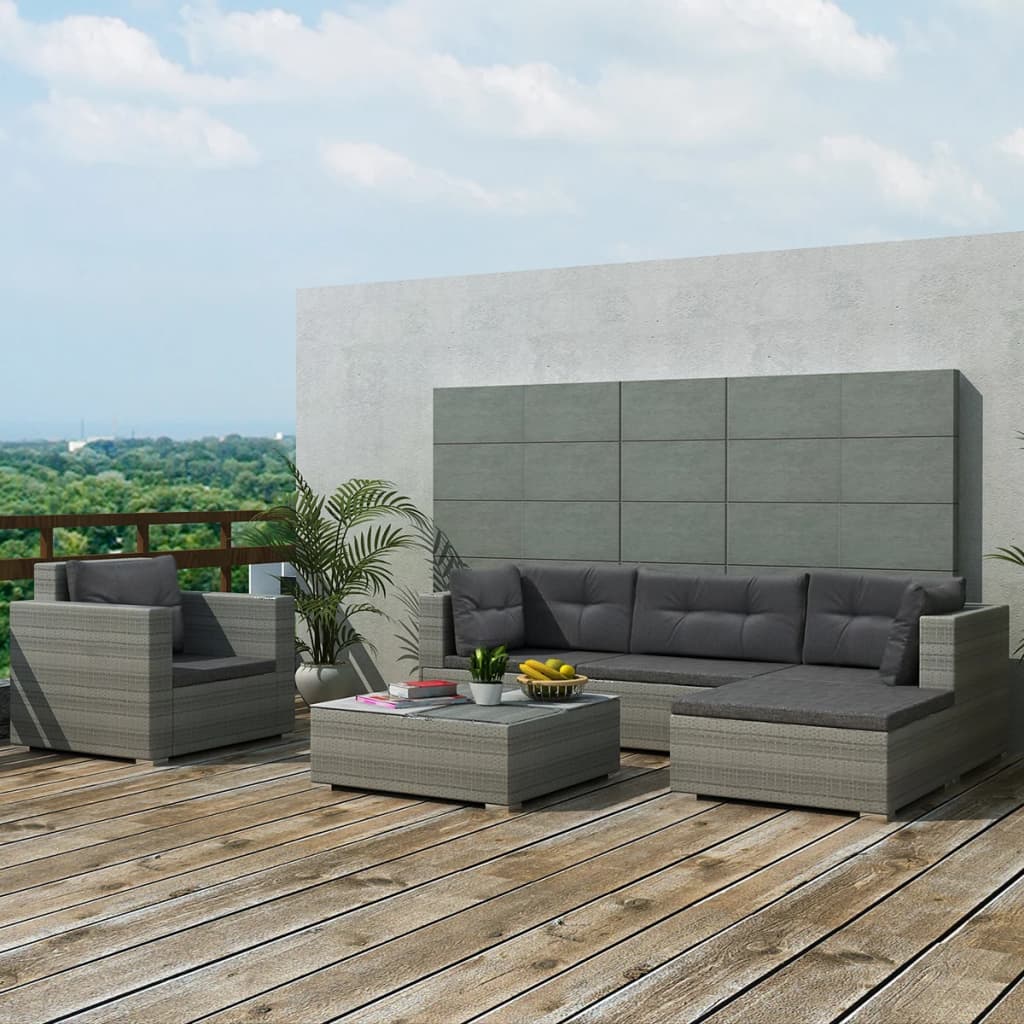 Set Divani da Giardino 6 pz con Cuscini in Polyrattan Grigio cod mxl 35339