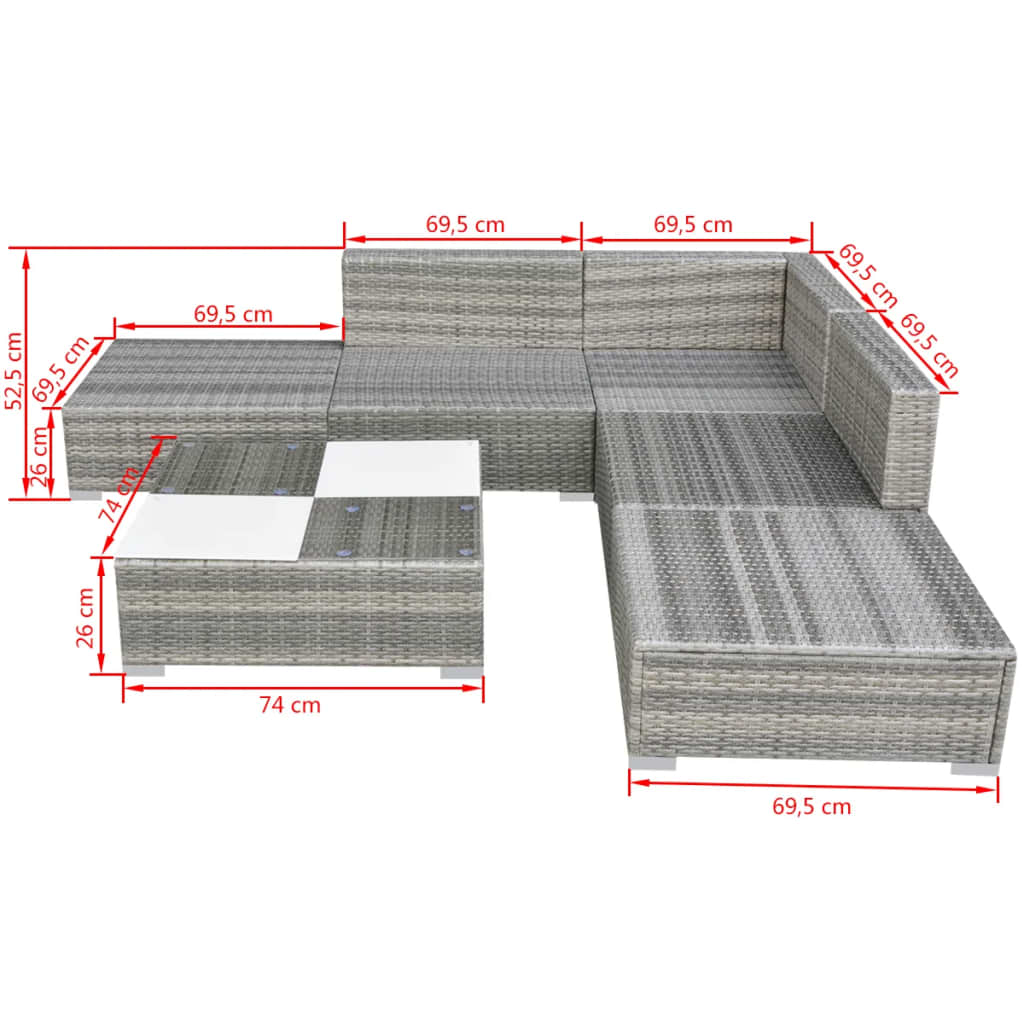 Set Divani da Giardino 6 pz con Cuscini in Polyrattan Grigio 42745