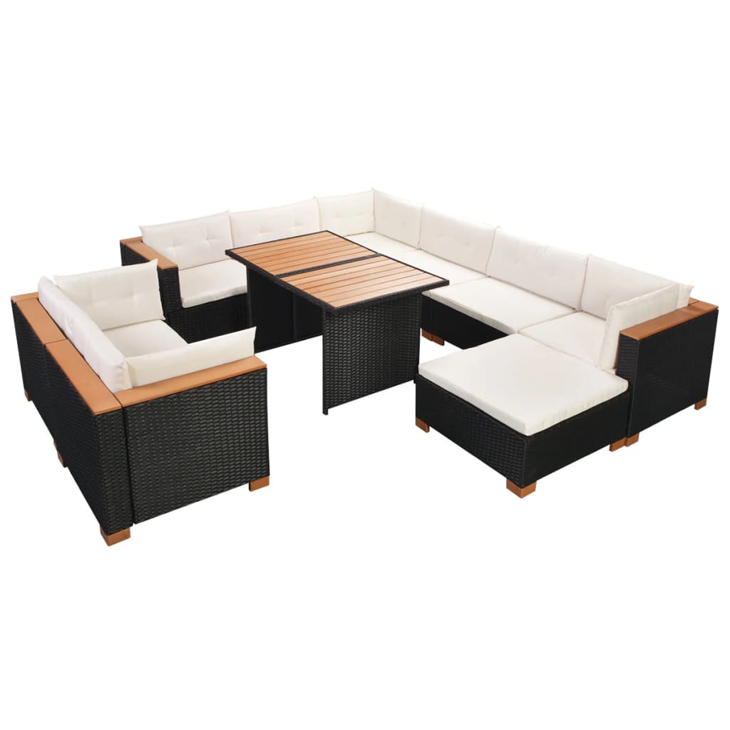 Set Divani da Giardino 10 pz con Cuscini in Polyrattan Nero 42753