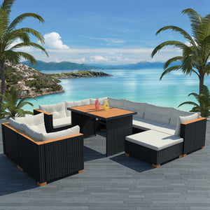 Set Divani da Giardino 10 pz con Cuscini in Polyrattan Nero 42753