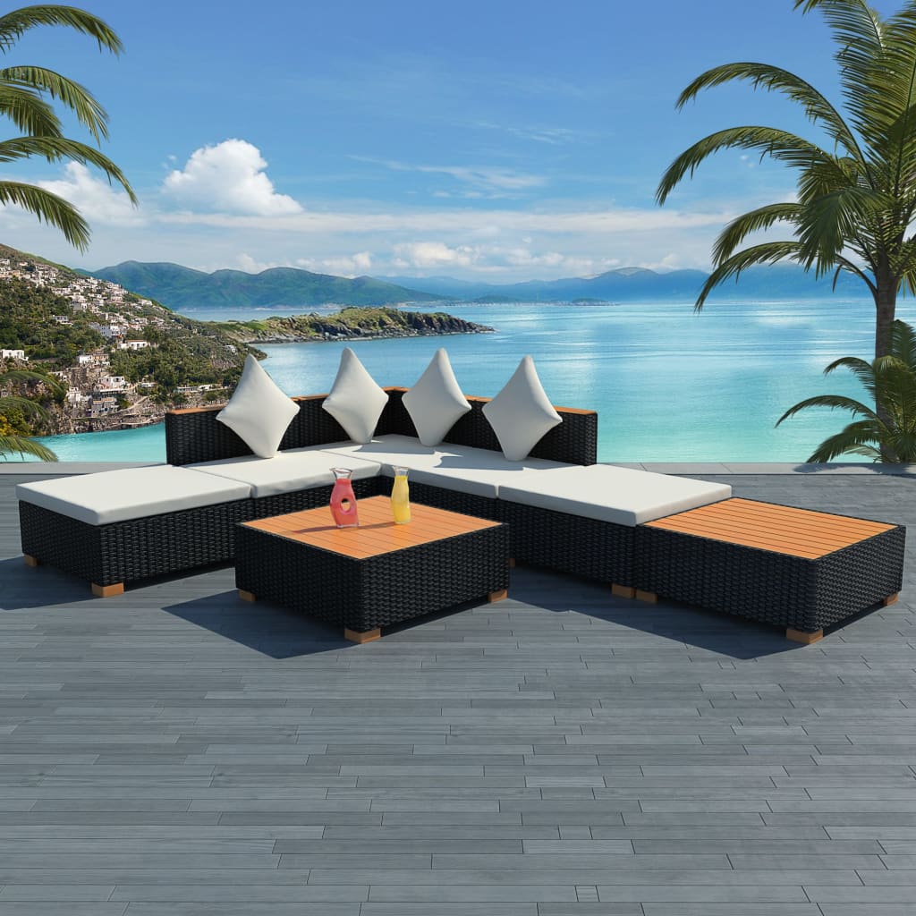 Set Divani da Giardino 7 pz con Cuscini in Polyrattan Nero 42757