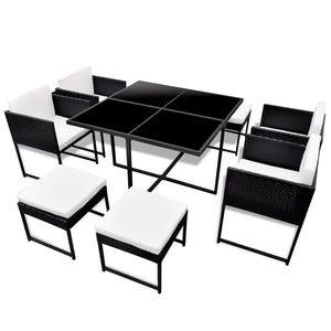 Set da Pranzo da Giardino 9 pz con Cuscini in Polyrattan Nero 42759