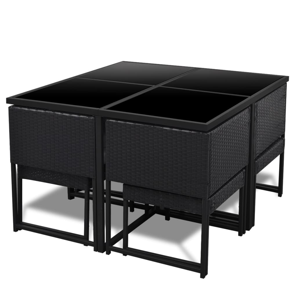 Set da Pranzo da Giardino 9 pz con Cuscini in Polyrattan Nero  cod mxl 34862