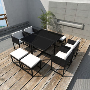 Set da Pranzo da Giardino 9 pz con Cuscini in Polyrattan Nero  cod mxl 34862