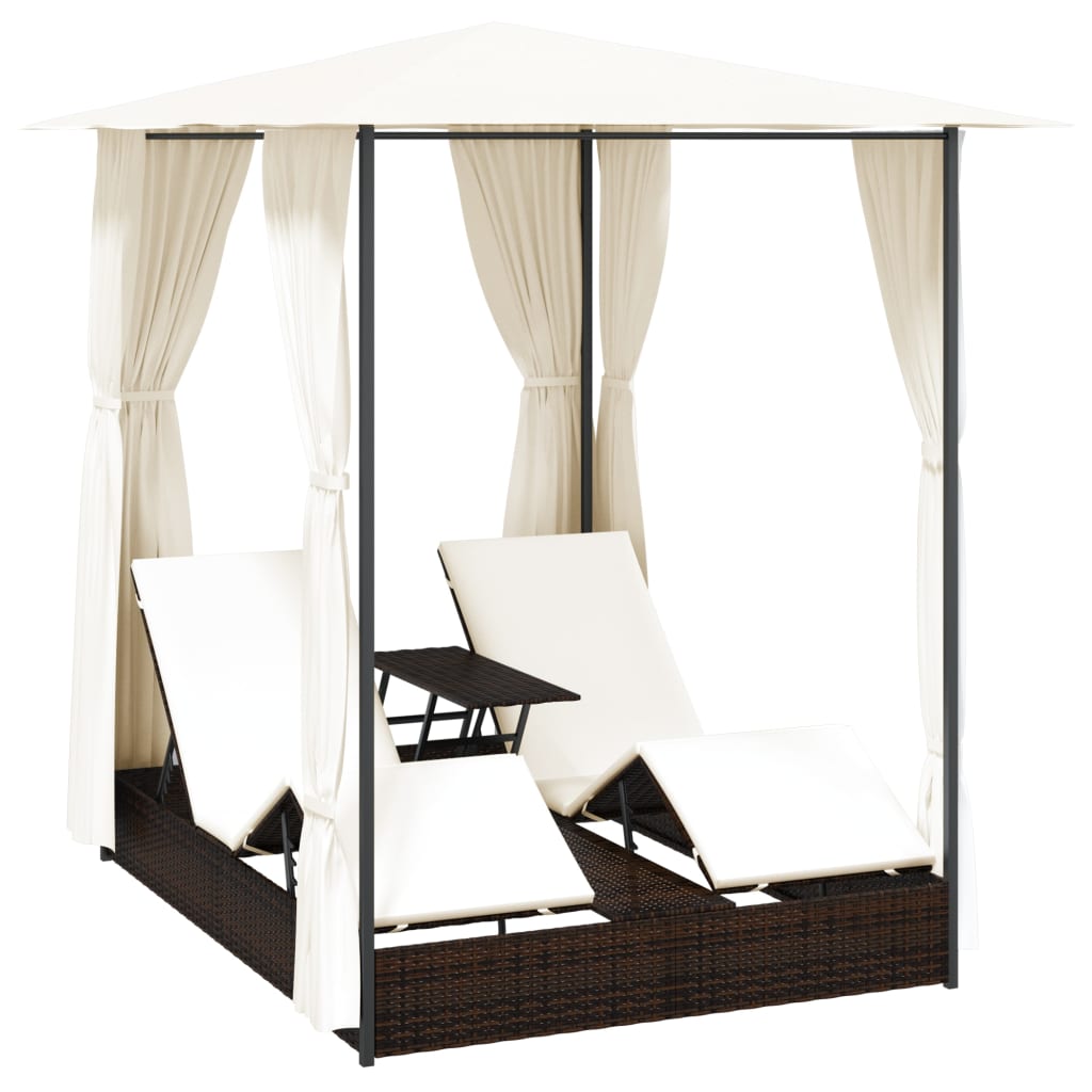 Lettino Prendisole Doppio con Tende in Polyrattan Marrone cod mxl 71350