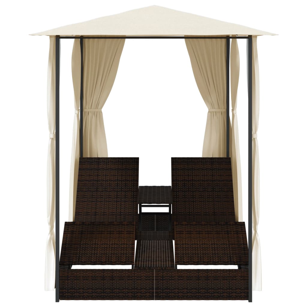 Lettino Prendisole Doppio con Tende in Polyrattan Marrone cod mxl 71350