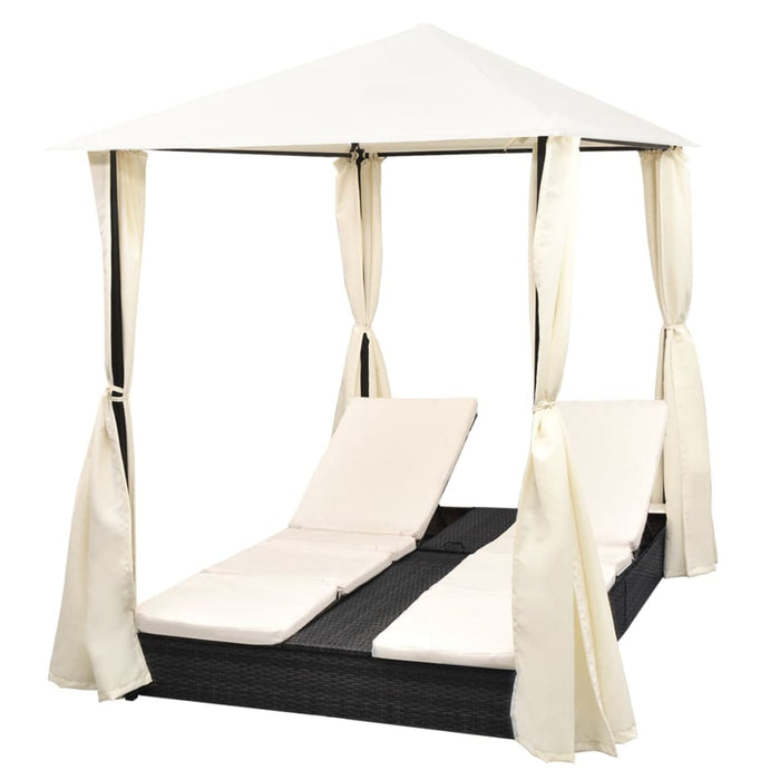 Lettino Prendisole Doppio con Tende in Polyrattan Nero cod mxl 68780