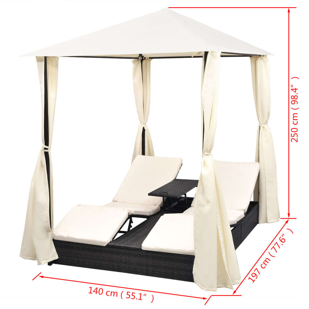 Lettino Prendisole Doppio con Tende in Polyrattan Nero cod mxl 68780