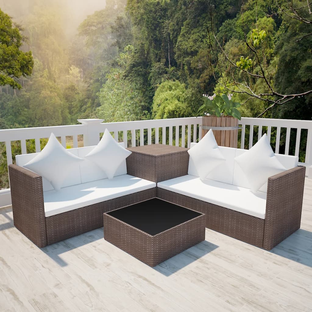 Set Divani da Giardino 4 pz con Cuscini in Polyrattan Marrone 42892