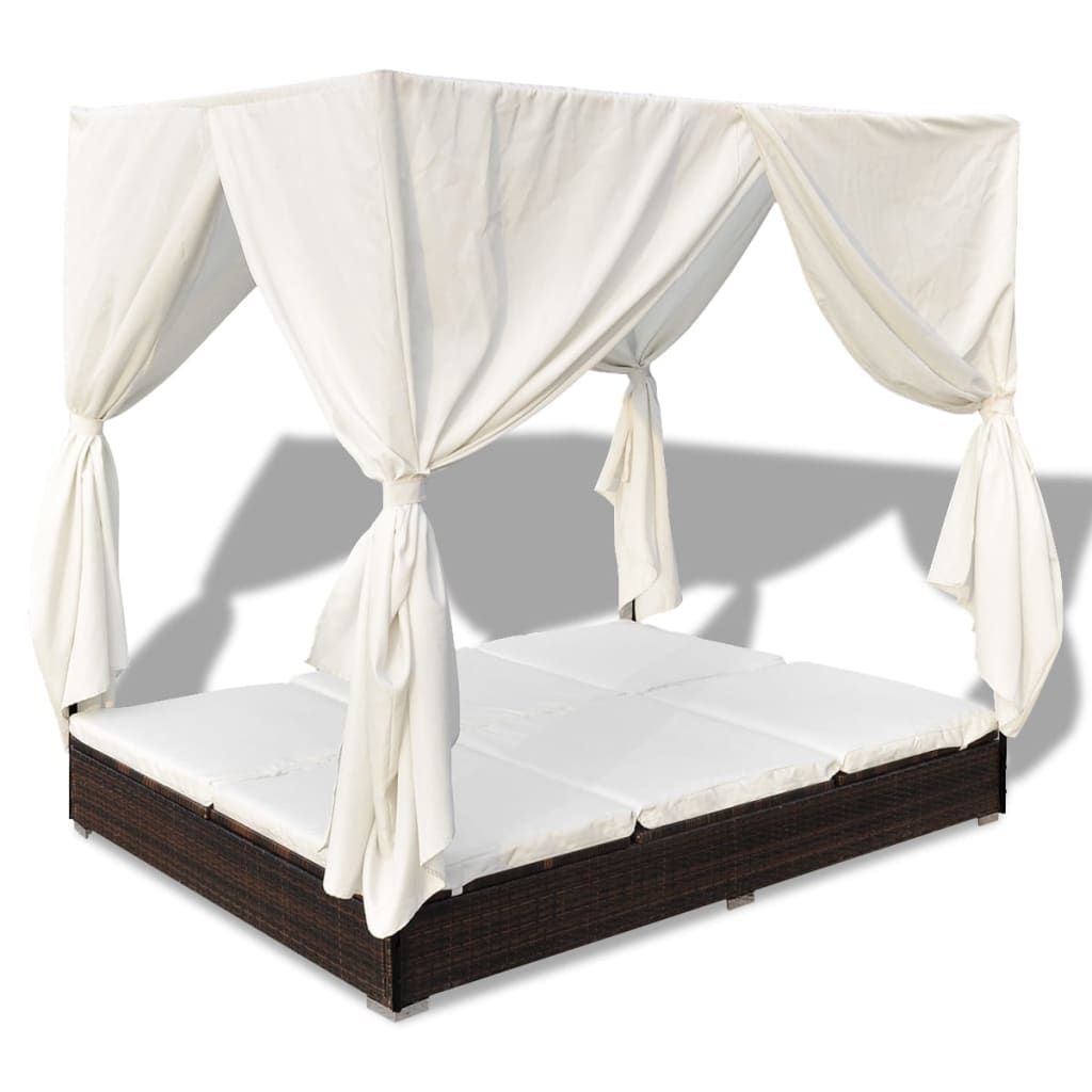 Lettino Prendisole con Tende in Polyrattan Marrone cod mxl 73666