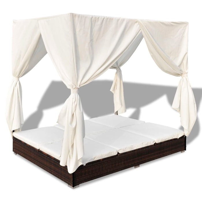 Lettino Prendisole con Tende in Polyrattan Marrone cod mxl 73666