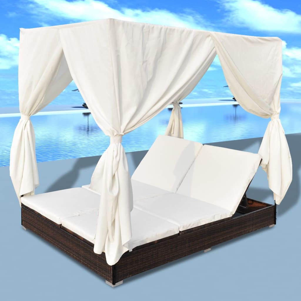 Lettino Prendisole con Tende in Polyrattan Marrone cod mxl 73666