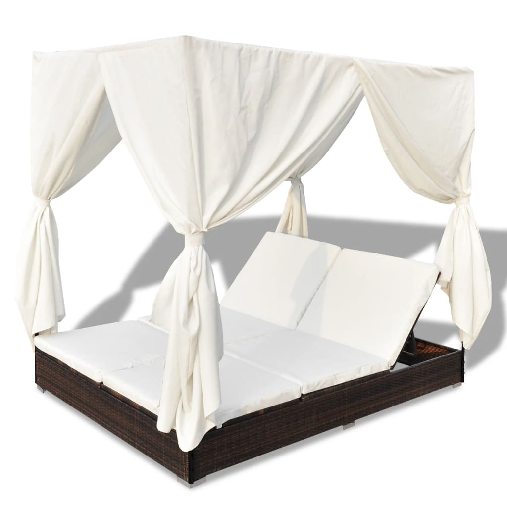 Lettino Prendisole con Tende in Polyrattan Marrone cod mxl 73666