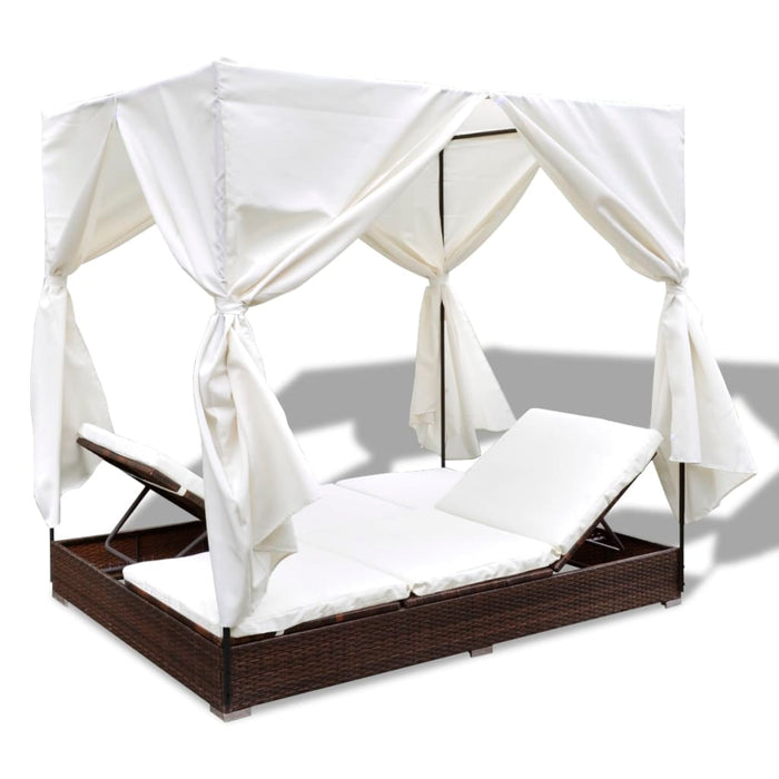 Lettino Prendisole con Tende in Polyrattan Marrone cod mxl 73666