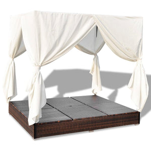 Lettino Prendisole con Tende in Polyrattan Marrone cod mxl 73666