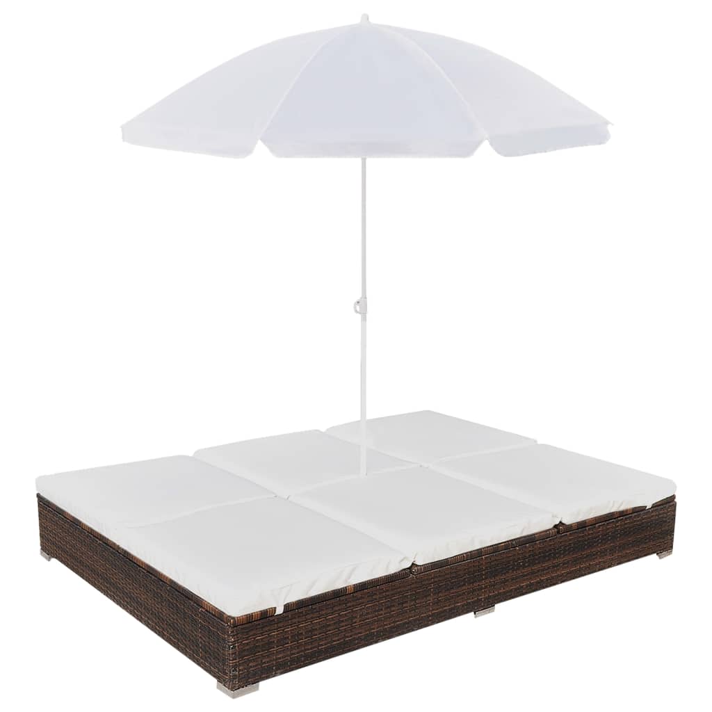 Lettino Prendisole con Ombrellone in Polyrattan Marrone cod mxl 60428