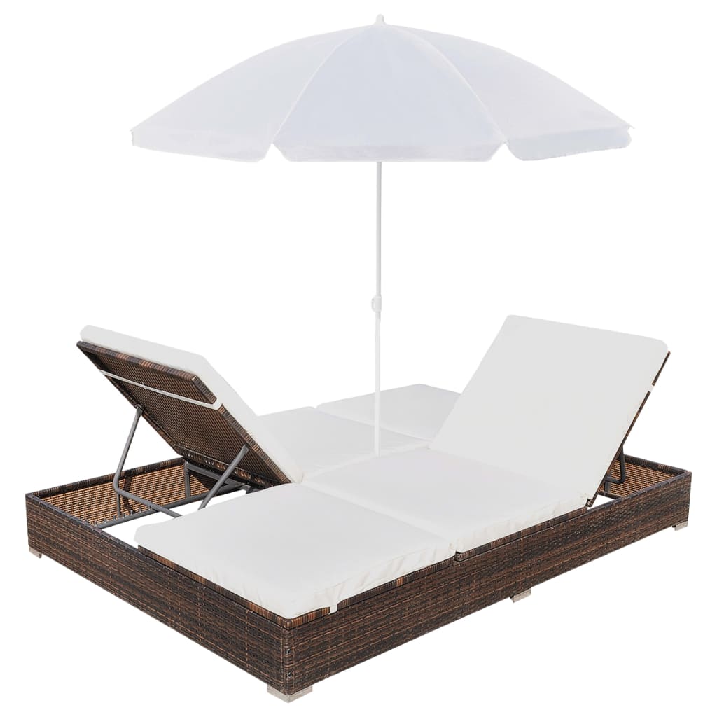 Lettino Prendisole con Ombrellone in Polyrattan Marrone cod mxl 60428