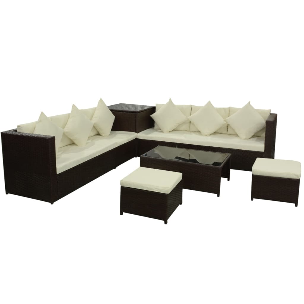 Set Divani da Giardino 8 pz con Cuscini in Polyrattan Marrone 42994