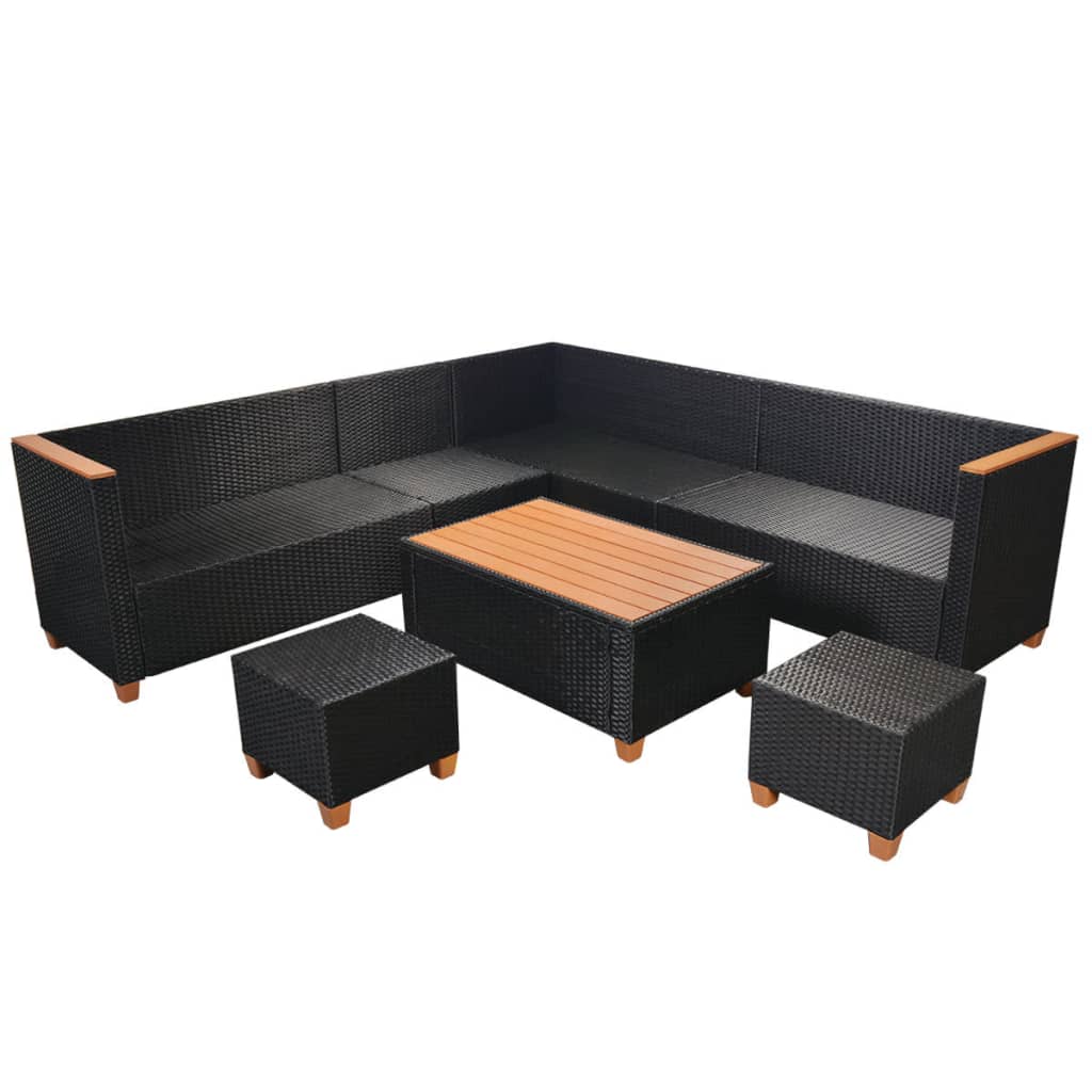 Set Divani da Giardino 7 pz con Cuscini in Polyrattan Nero