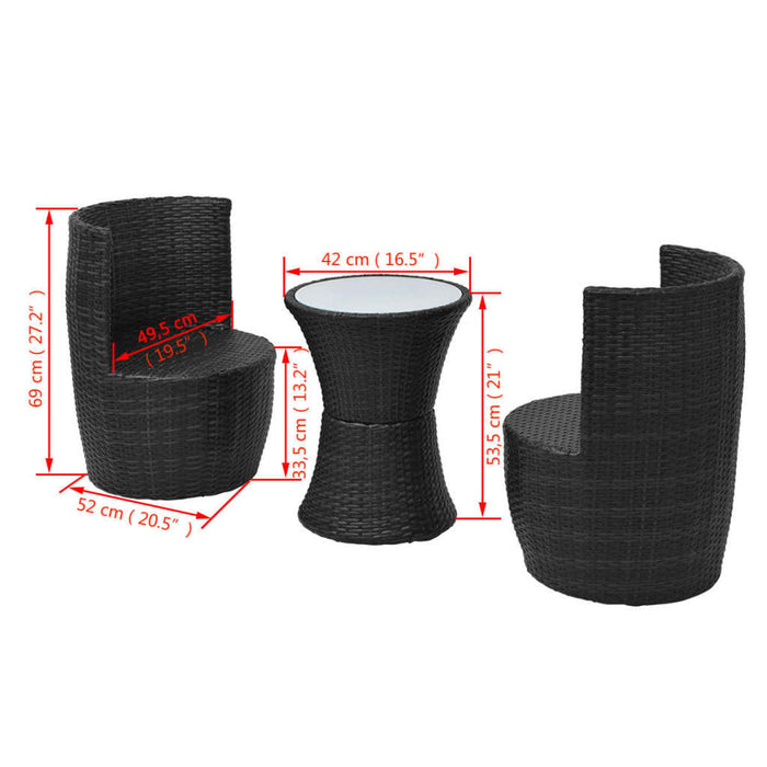 Set da Bistrot 3 pz con Cuscini in Polyrattan Nero 43112