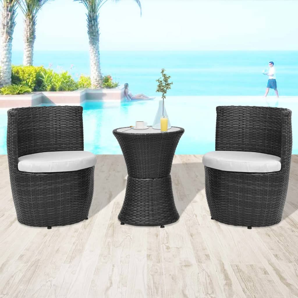 Set da Bistrot 3 pz con Cuscini in Polyrattan Nero 43112