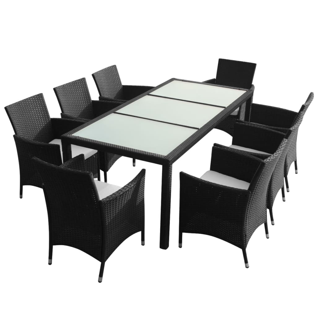 Set da Pranzo da Giardino 9 pz con Cuscini in Polyrattan Nero  cod mxl 35656