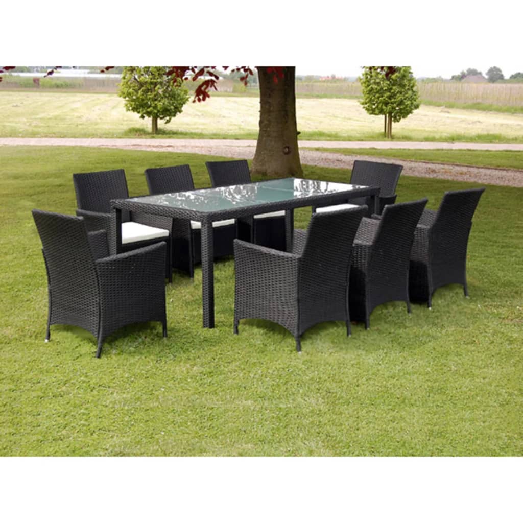 Set da Pranzo da Giardino 9 pz con Cuscini in Polyrattan Nero  cod mxl 35656