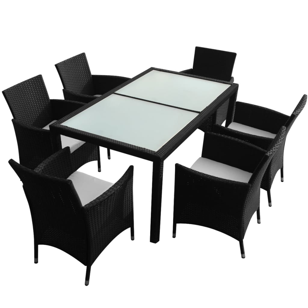 Set da Pranzo da Giardino 7 pz con Cuscini in Polyrattan Nero  cod mxl 41457