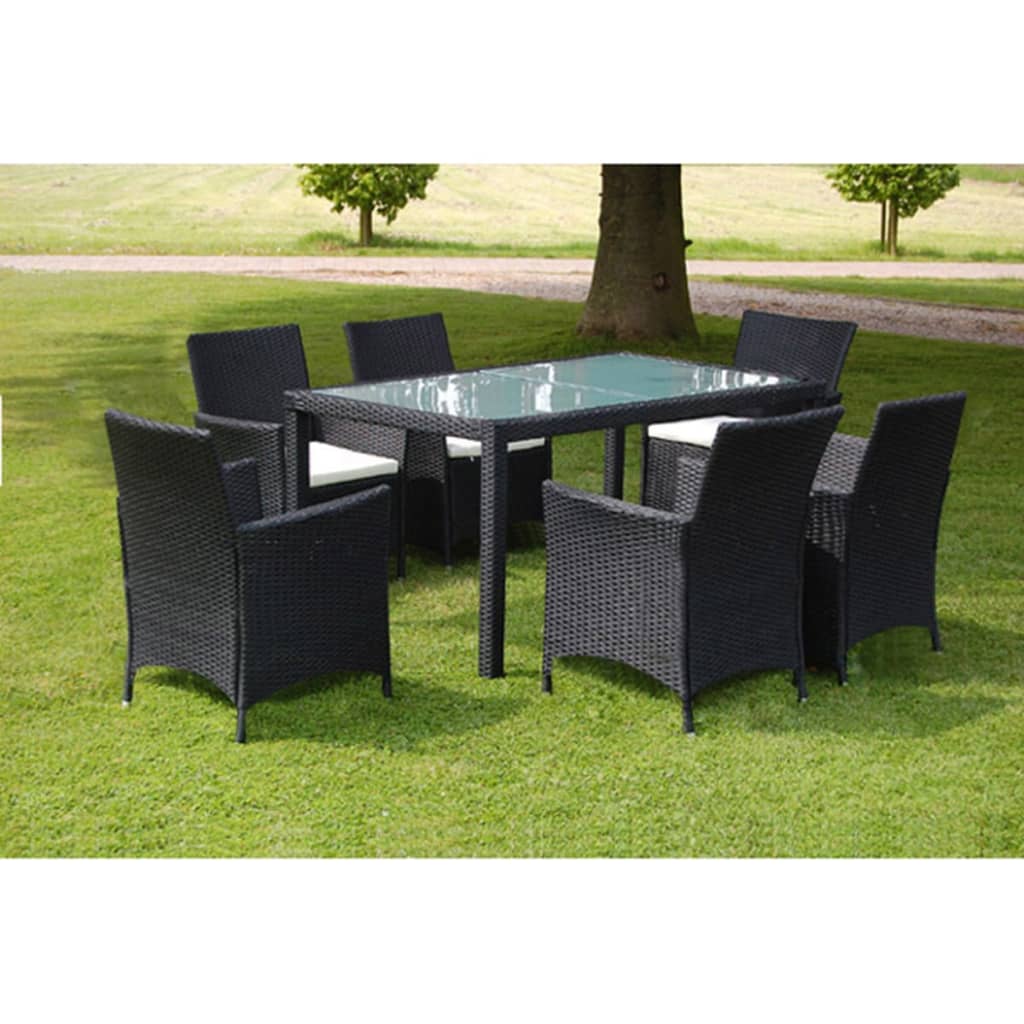 Set da Pranzo da Giardino 7 pz con Cuscini in Polyrattan Nero  cod mxl 41457