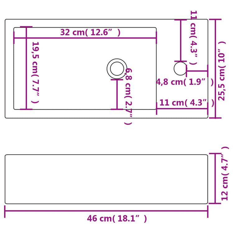 Lavandino con Foro Rubinetto Rettangolare Ceramica 46x25,5x12cm cod mxl 53030