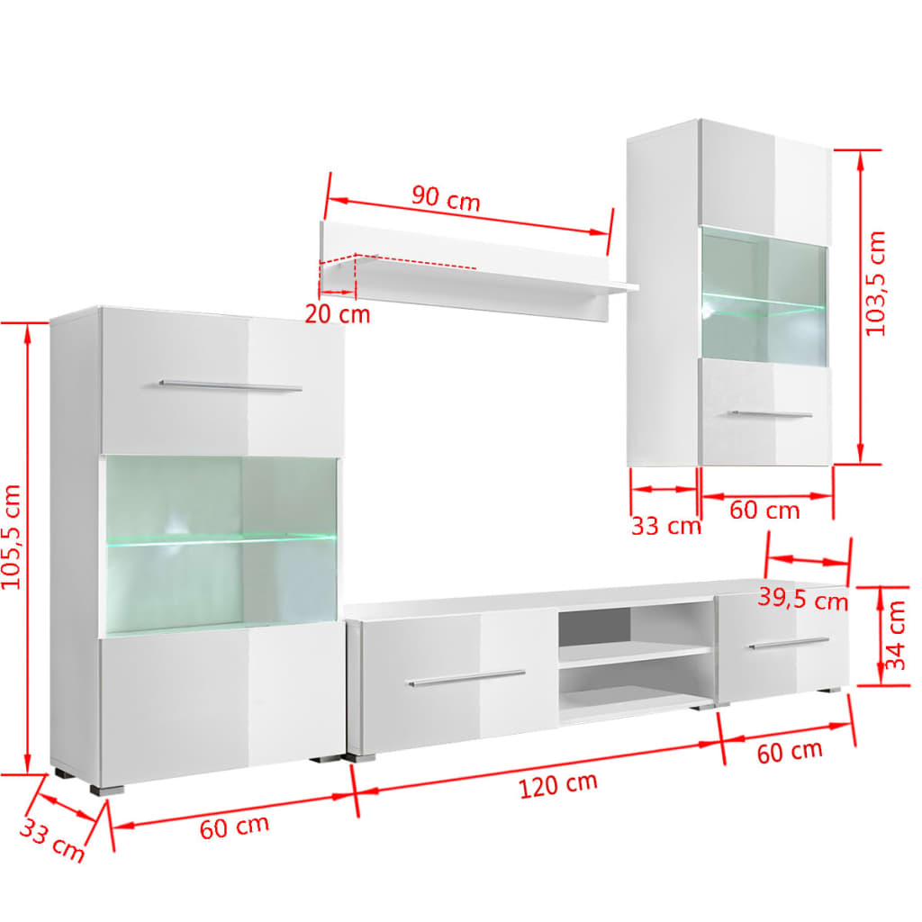 Mobile TV a Parete con Vetrina 5 pz Illuminazione LED Bianco