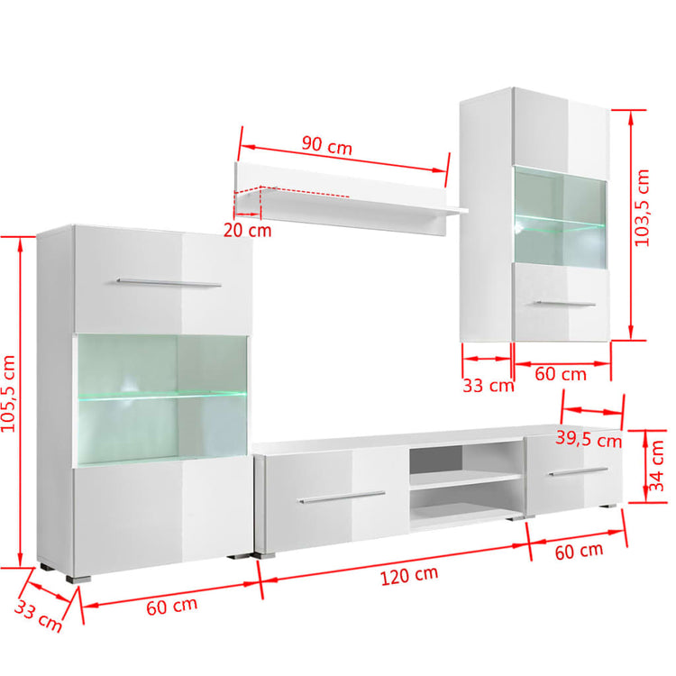 Mobile TV a Parete con Vetrina 5 pz Illuminazione LED Bianco