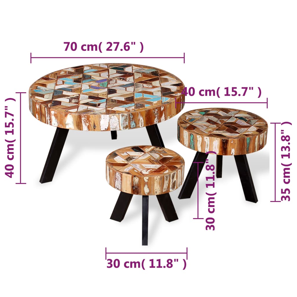 Set Tavolino da Caffè 3 pz in Legno Massello Riciclato