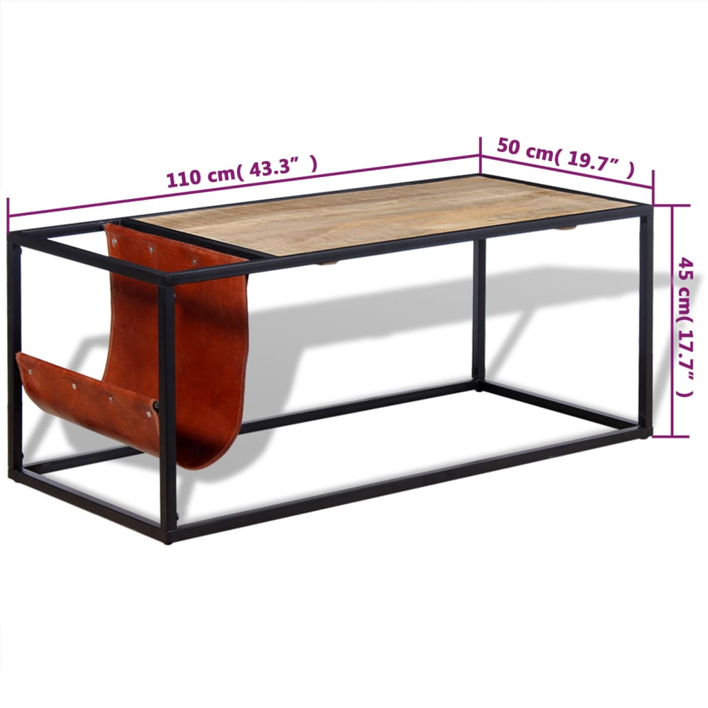 Tavolino da Caffè in Vera Pelle con Portariviste 110x50x45 cm