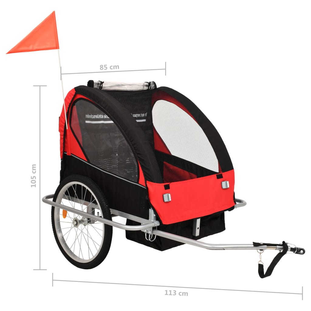 Rimorchio da Bici per Bambini e Passeggino 2 in 1 Nero e Rosso cod mxl 68552